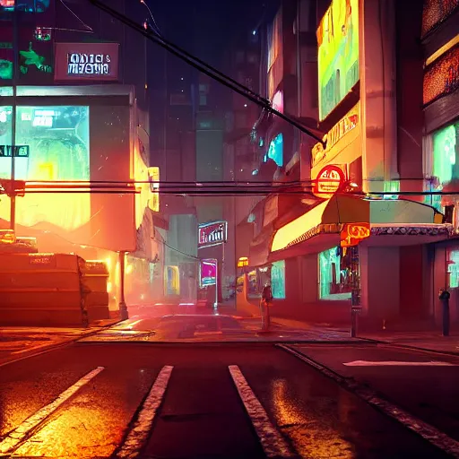 Image similar to cyberpunk street, raining cheese, photorealistic, cinematic lighting