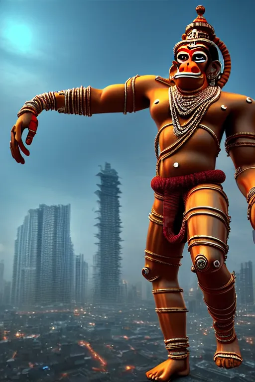 Image similar to high quality 3 d render cyborg hanuman! madhubani, highly detailed, cyberpunk!! mumbai in the background, unreal engine cinematic smooth, szukalski ravi varma, moody light, low angle, uhd 8 k, sharp focus