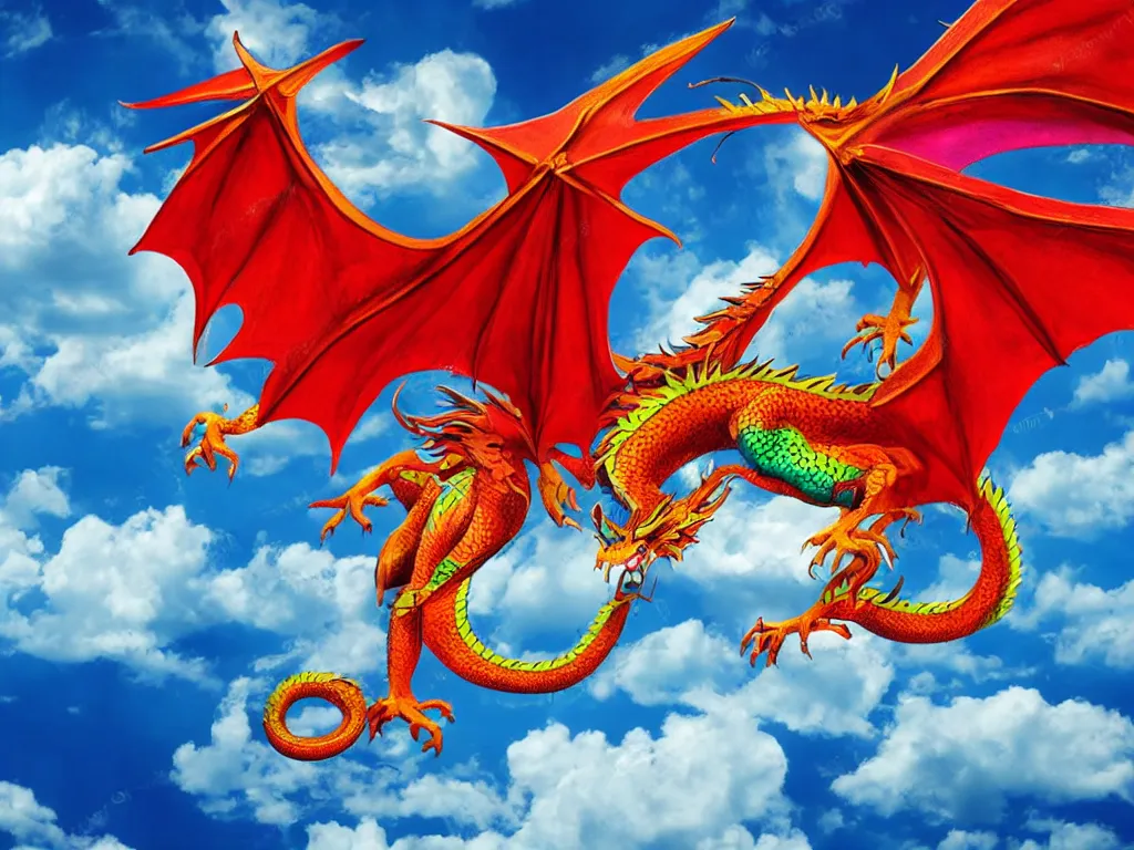 Prompt: colorful dragon spreading its wings and flying through the bright cloudy sky