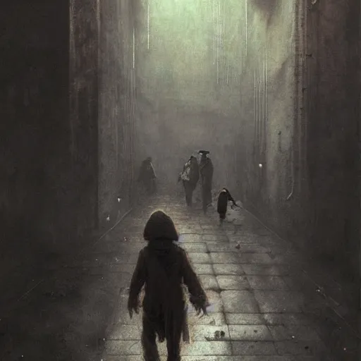 Image similar to dark alley full of homeless children being questioned by a futuristic cop, somber, by beksinski and jeremy mann and alphonse mucha and stan lee, fantasy art, photo realistic, dynamic lighting, artstation, poster, volumetric lighting, very detailed faces, award winning