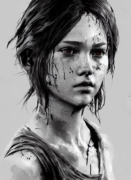 Image similar to full figure elle from last of us, hyperrealistic, by yoji shinkawa and by jeremy mann and alphonse mucha, fantasy art, photo realistic, dynamic lighting, artstation, poster, volumetric lighting, very detailed face, 4 k, award winning