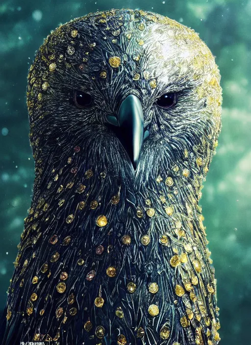 Prompt: best book cover design, glowing silver and golden elements, full close-up portrait of realistic crow with gems, book cover, green forest, white moon, establishing shot, extremly high detail, photo-realistic, cinematic lighting, by Yoshitaka Amano, Ruan Jia, Kentaro Miura, Artgerm, post processed, concept art, artstation, matte painting, style by eddie mendoza, raphael lacoste, alex ross