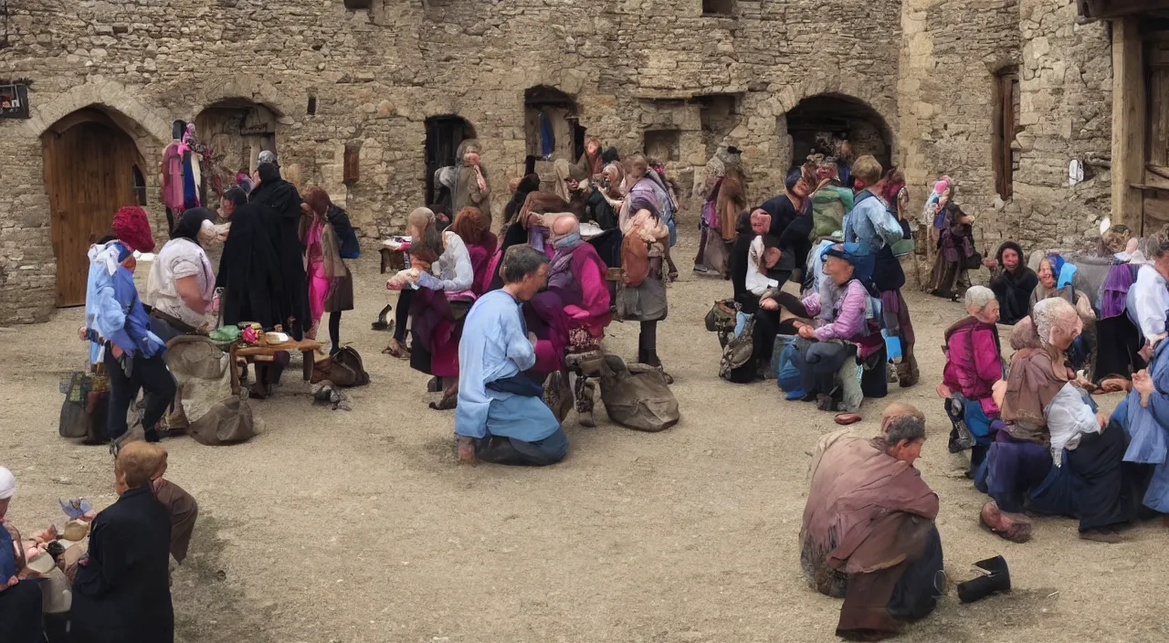 Prompt: people sharing jewels with each other in the middle of a medieval village