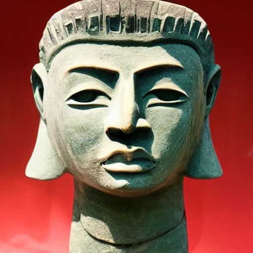 Image similar to headshot kim jong ill as an ancient aztec statue