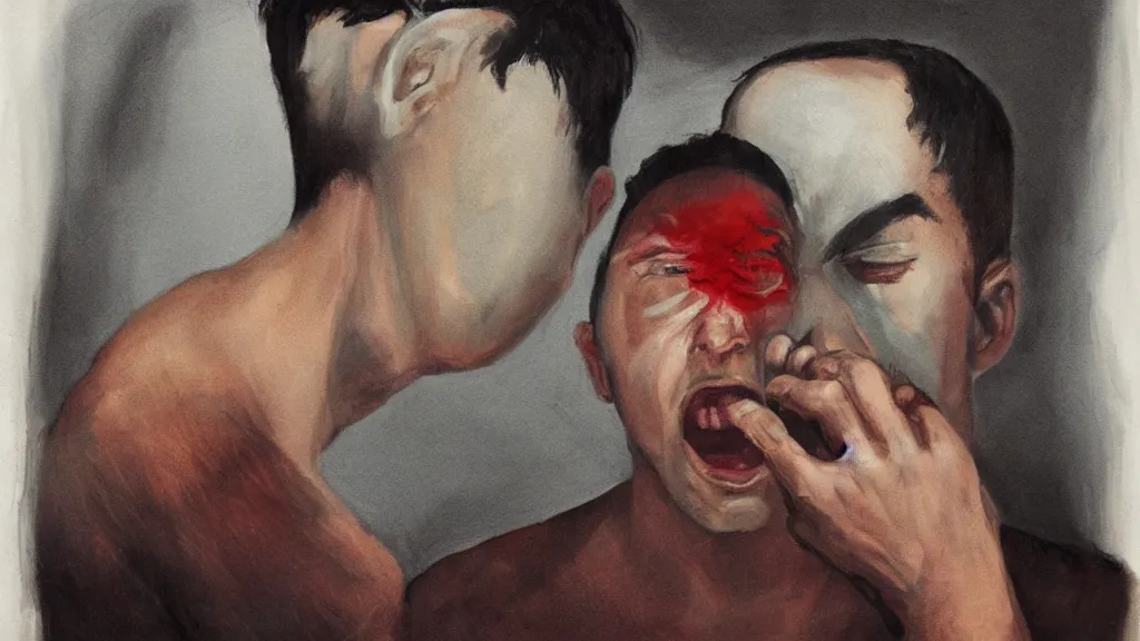 Prompt: mirrorpunk fraternal portrait of a crying young dude 3 3 years old, with violence