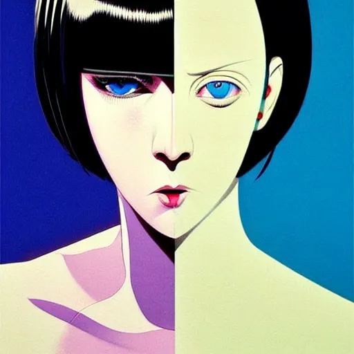 Image similar to woman with dark bobcut haircut with friendly blue eyes and slim features looking surprised, underground box office hit, satire and seventies italian horror movie, giallo, intricate, ultra detailed 8 k, best, cool, extremely beautiful and aesthetic shape of face and neck, art by hiroaki samura and ilya kuvshinov and rossdraws and andy warhol, inverted, epic