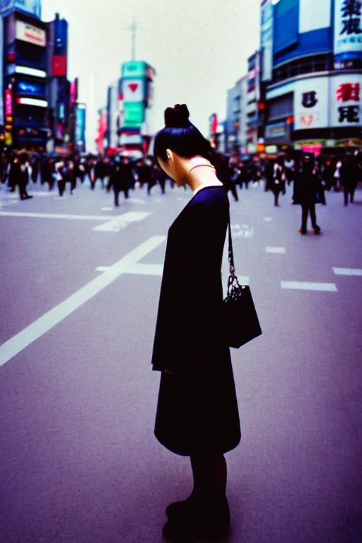 Image similar to street photography portrait of a beautiful japanese woman standing at shibuya crossing during midday, subtle colors, shot on cinestill 5 0 d film, iso 1 0 0, 5 0 mm lens aperture f / 8, dynamic composition, full frame, full res, sharp focus, hyper realistic