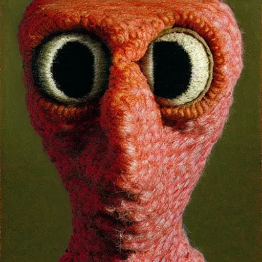 Image similar to portrait photo of a wool sock with giant eyes, face made from pixels and voxels, extremely high details, realistic, by Giuseppe Arcimboldo, Edward Hopper, Rene Margitte