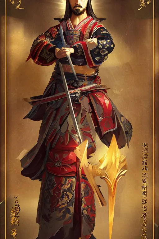 Image similar to A card with description and status of samurai Jesus Christ holding a Sacred Heart armor and katana, card game, card, trade card game, Artifact Dota2, by Stanley Artgerm Lau, WLOP, Rossdraws, James Jean, Andrei Riabovitchev, Marc Simonetti, Yoshitaka Amano, ArtStation, CGSociety,