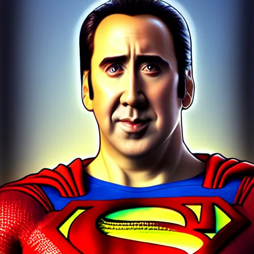 Image similar to portrait of nicolas cage as superman, intricate, elegant, highly detailed, digital painting, artstation, concept art, smooth, sharp focus, illustration, art by artgerm and greg rutkowski and alphonse mucha, 8 k