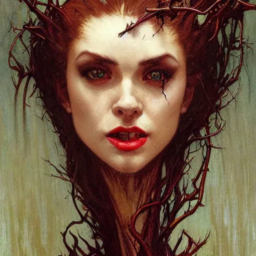 Prompt: portrait of a menacing beautiful vampire, head only, headshot, detailed and clear eyes and mouth, by Stanley Artgerm Lau , greg rutkowski, thomas kindkade, alphonse mucha, loish, norman rockwell, J. C. Leyendecker. hair waving in the wind, pale skin, sinister complexion, thorn crown, image bordered by thorns, thorn background. D&D, fantasy. Trending on artstation rule of thirds extremely detailed illustration hd 4k
