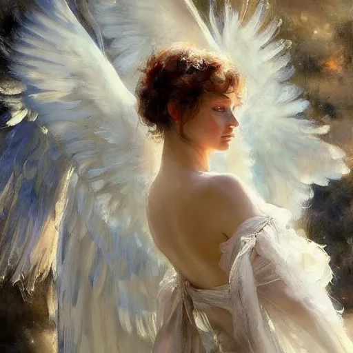 Image similar to a beautiful portrait of an angel with beautiful face and her huge white wings spread out painted by gerhartz, highly detailed, beautiful, back lit, graceful and elegant, ethereal