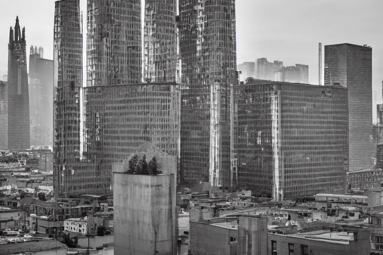 Prompt: streetscape _ a _ towering _ cathedral _ of _ brutalist _ ar chitecture _ buildings _ covered _ with _ greebles _ stun ning _ volumetric _ light _ sunset _ metal _ concrete _ an