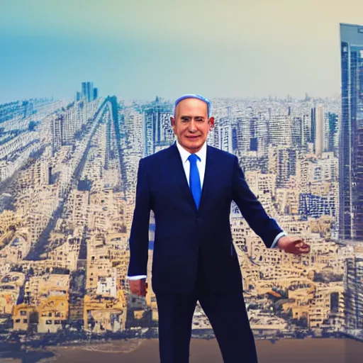 Prompt: portrait of Benjamin Netanyahu, Tel-Aviv skyline background, rich vivid colors, ambient lighting, dynamic lighting, 4k, HQ, official media, detailed, trending on artstation