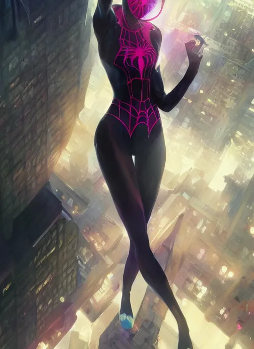 Image similar to ultra realistic illustration, spidergwen anime, intricate, elegant, highly detailed, digital painting, artstation, concept art, smooth, sharp focus, illustration, art by artgerm and greg rutkowski and alphonse mucha and wlop