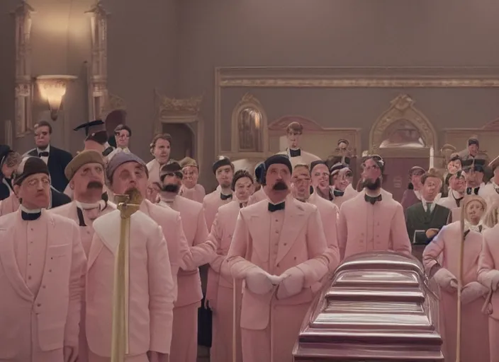 Image similar to a film still of a funeral in the grand budapest hotel ( 2 0 1 4 )