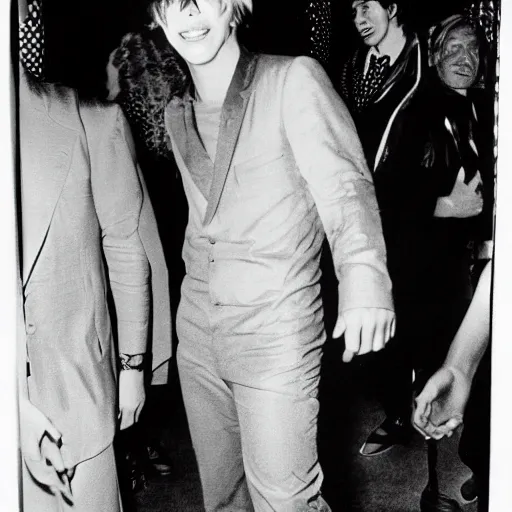 Prompt: godzilla partying at studio 5 4 b & w grainy photograph lots of celebrities including andy warhol