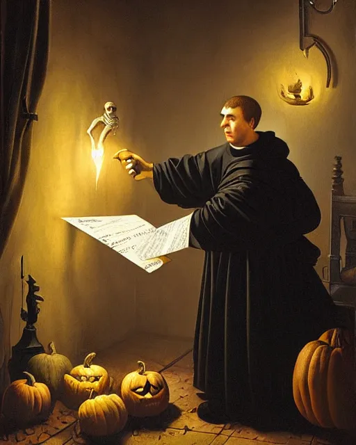 Prompt: A painting of Martin Luther nailing a paper skeleton Halloween decoration to the door of a suburban home, in the styles of Ferdinand Pauwels, Greg Rutkowski, and Tim Burton, hyperrealistic, volumetric lighting