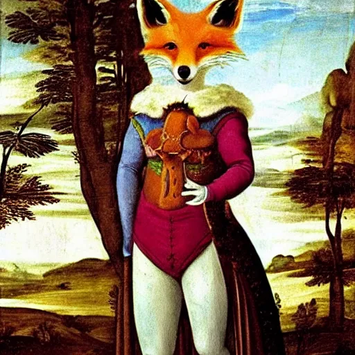 Image similar to renaissance painting of an anthropomorphic fox in a decorated uniform, wearing white gloves