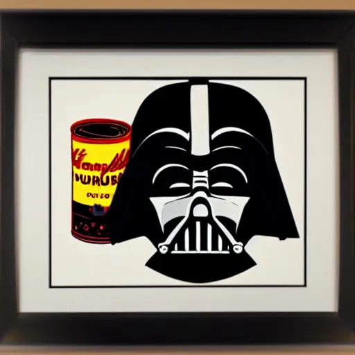 Image similar to andy warhol framed print with soup cans and darth vader pattern