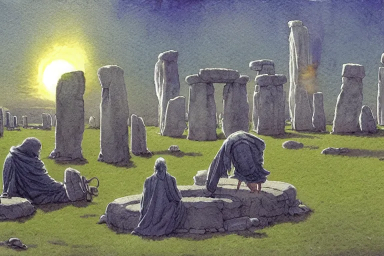 Image similar to a realistic and atmospheric watercolour fantasy concept art of a ufo landing in a floating stonehenge. one dirty medieval monk in grey robes is on his knees praying to the ufo. muted colors. by rebecca guay, michael kaluta, charles vess and jean moebius giraud