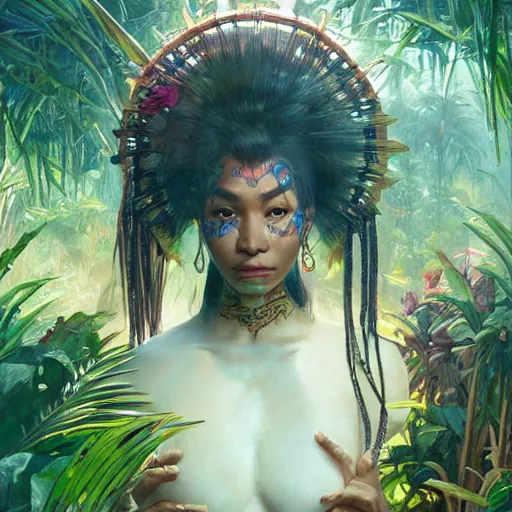 Image similar to A Pacific Islander Ruler, facial tattoos, artists portrait, wild jungle, fantasy, highly detailed, digital painting, concept art, sharp focus, depth of field blur, illustration, art by artgerm and greg rutkowski and alphonse mucha