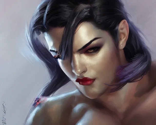 Image similar to portrait of widowmaker from overwatch as a beautiful female bodybuilder amazon with plump lips, elegant, fantasy, hd shot, digital portrait, beautiful, artstation, comic style, by artgerm, guy denning, jakub rozalski, magali villeneuve and charlie bowater