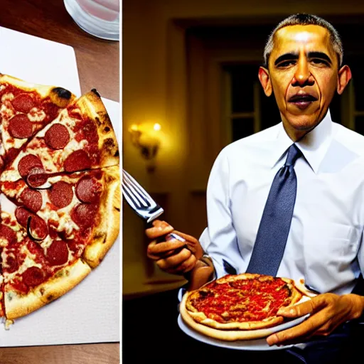 Image similar to obama elegantly eating pizza with a knife and fork