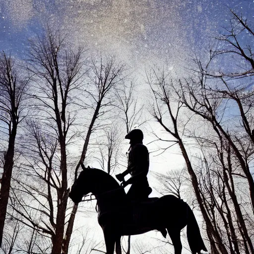 Prompt: A photo looking up at a black statue of a soldier riding a horse, lightly topped with snow, the statue is on a pedestal, the ground is full of snow, the background has numerous wintry trees, the sky is blue with sun poking through the clouds. Twilight. Photorealistic, 4k,