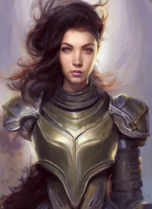 Image similar to a professional painting of a beautiful young female, clothed in military armor, olive skin, long dark hair, beautiful bone structure, symmetrical facial features, intricate, elegant, digital painting, concept art, smooth, sharp focus, illustration, from StarCraft by Ruan Jia and Mandy Jurgens and Artgerm and William-Adolphe Bouguerea