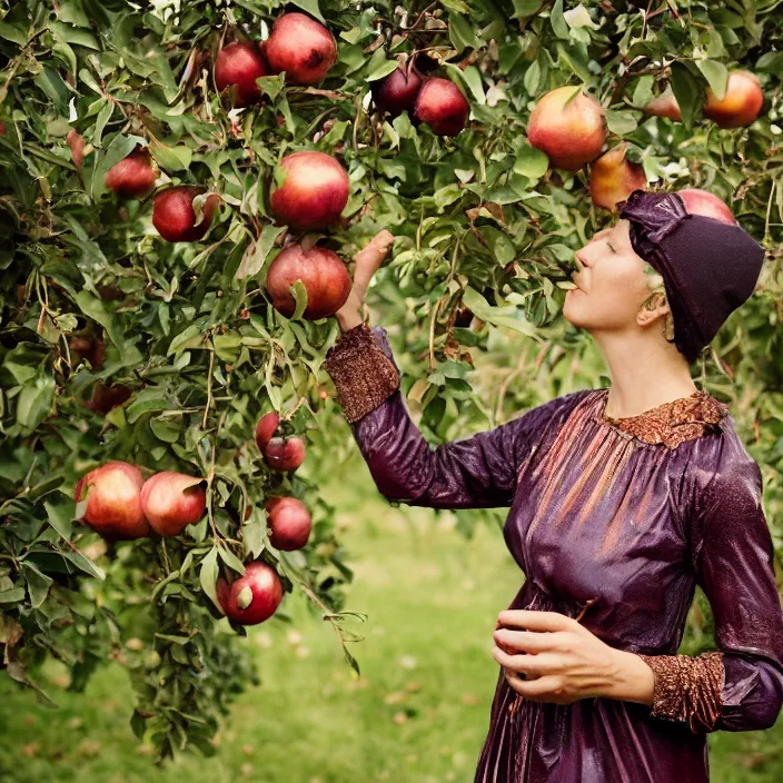 Image similar to a closeup portrait of a woman wearing iridescent copper armor, picking pomegranates from a tree in an orchard, foggy, moody, photograph, by vincent desiderio, canon eos c 3 0 0, ƒ 1. 8, 3 5 mm, 8 k, medium - format print