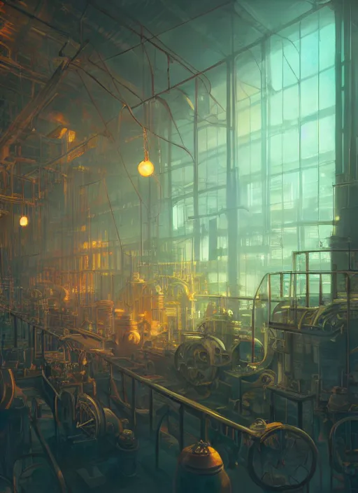 Prompt: beautiful interior of a steampunk factory, ross draws, james gilleard, delphin enjolras, goro fujita, makoto shinkai, paul lehr, volumetric lighting, octane render, very coherent, trending on artstation