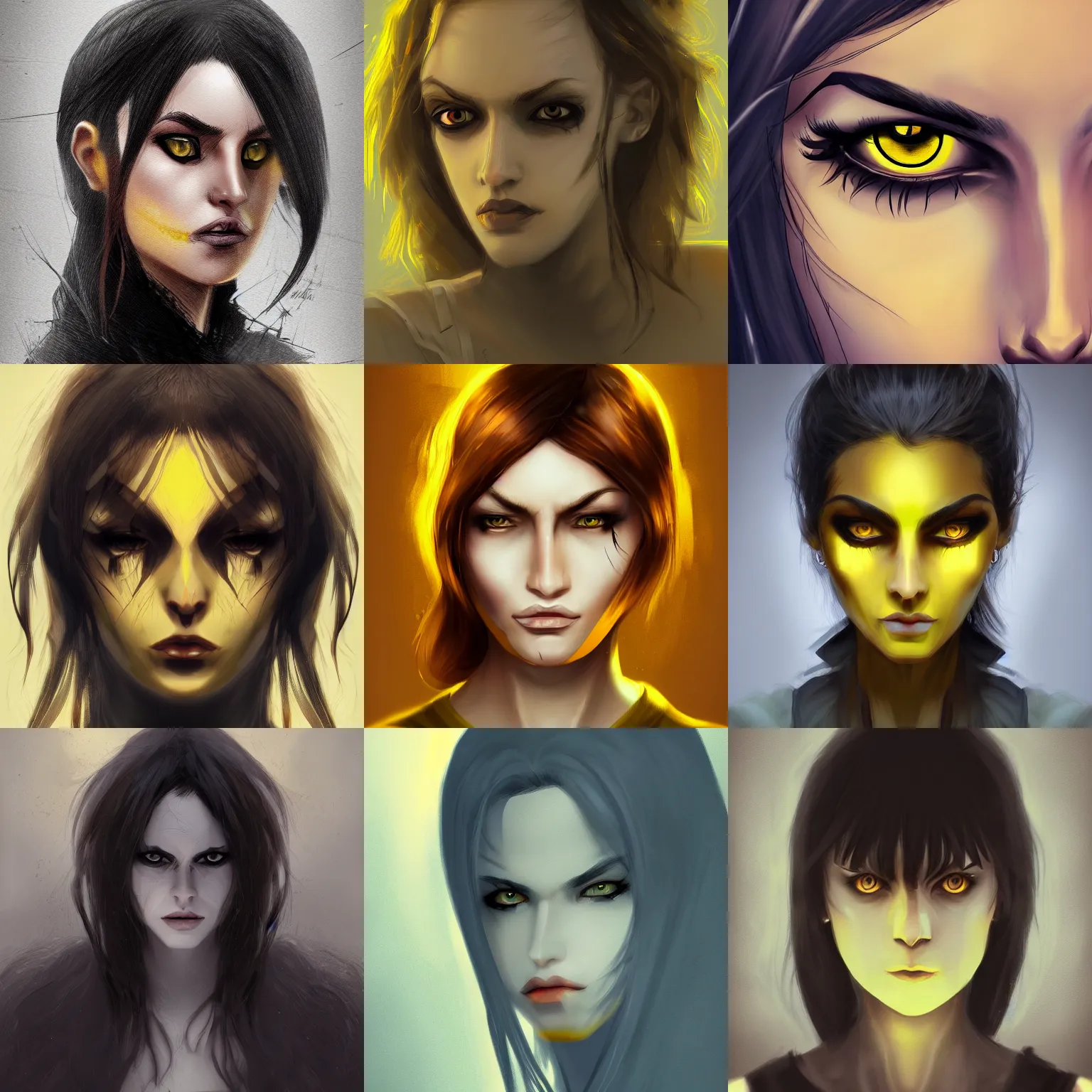 Prompt: Woman with yellow eyes, dark, serious, artstation, digital art