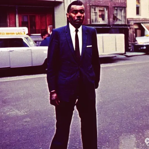 Prompt: portrait of a man in a suit in the streets of new york, 1 9 6 0 s, colour film street photography, photo taken with ektachrome, featured on flickr, photographed on damaged film