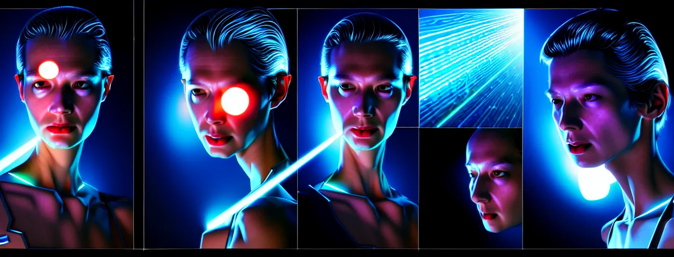 Image similar to lasers, circuit board artifacts, holographics, a. i. artificial intelligence tech, ultrarealistic, futuristic, dramatic lighting, electrical details, super high details, 4 k, 8 k, best, accurate, trending on artstation, photorealism, digital painting, style of caravaggio, hajime sorayama, boris vallejo