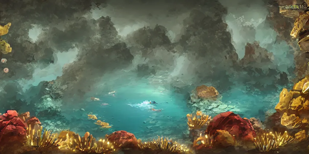 Prompt: vietnamese sunken cave scene, 2 d game art background, level design, muted colors, in style of lam manh