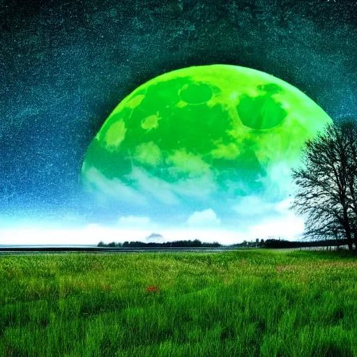 Prompt: green grassy field, great lake, reflection, moon peaceful hdr volumetric light diffusion nature clouds stars horizon elegant