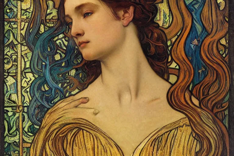 Image similar to detailed realistic beautiful young medieval queen face portrait by jean delville, alphonse mucha, vincent van gogh, and marco mazzoni, art nouveau, symbolist, visionary, gothic, pre - raphaelite
