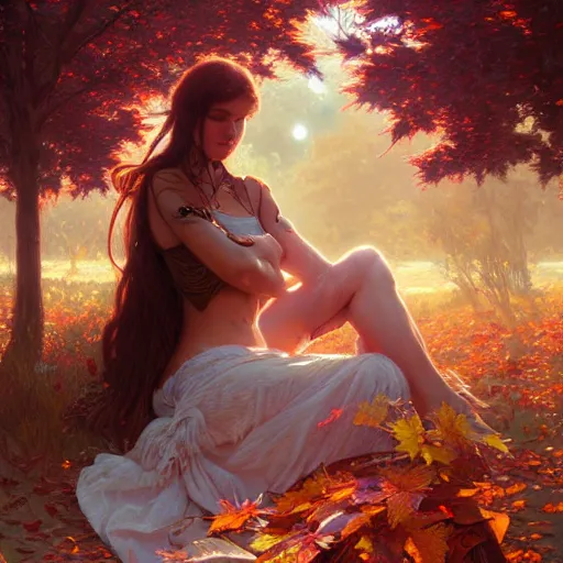 Prompt: ! dream summer becomes autumn, intricate, highly detailed, digital painting, artstation, concept art, smooth, sharp focus, illustration, unreal engine 5, 8 k, art by artgerm and greg rutkowski and alphonse mucha