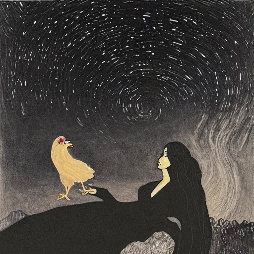 Image similar to A beautiful illustration of a woman with long flowing hair, wild animals, and a dark, starry night sky. Kentucky Fried Chicken, 35 mm photograph by Paul Corfield, by Egon Schiele comforting, lively