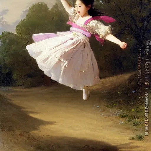 Image similar to a korean girl jumping over a bonfire by franz xaver winterhalter