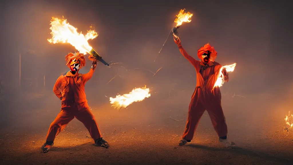 Image similar to photo of a clown using a flamethrower projecting a long bright flame towards a dumpster fire. award-winning, highly-detailed, 8K