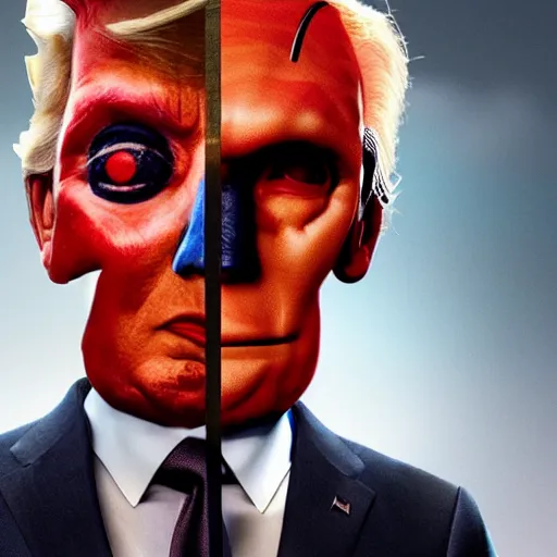 Image similar to Donald Trump with Jigsaw from Saw body, realistic artstyle, wide shot, dramatic lighting, octane render, hyperrealistic, high quality, highly detailed, HD, beautiful, cinematic, 8k, unreal engine, facial accuracy, symmetrical