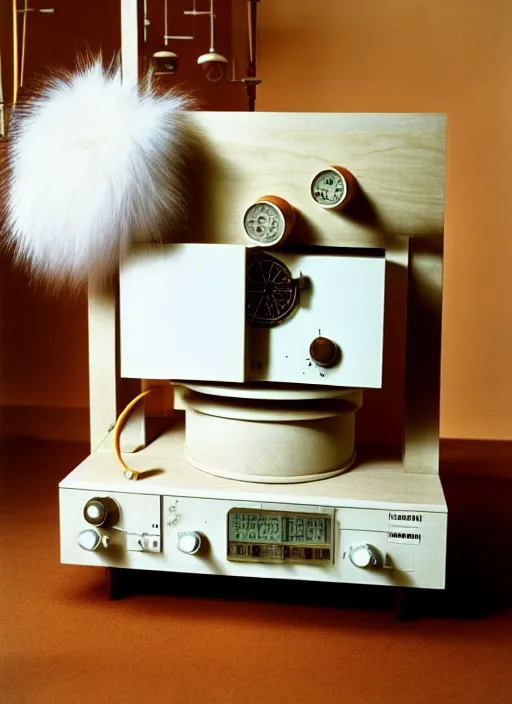 Prompt: realistic photo of a a medieval wooden electronic astronomic archeology scientific chemistry ornithology equipment made of oak wood and brushwood, with white fluffy fur, by dieter rams 1 9 9 0, life magazine reportage photo, natural colors