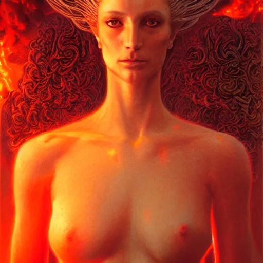 Image similar to A stunning portrait of a goddess, her body made of flames, by Wayne Barlowe, 8K UHD, intricate, fantasy, Trending on artstation.