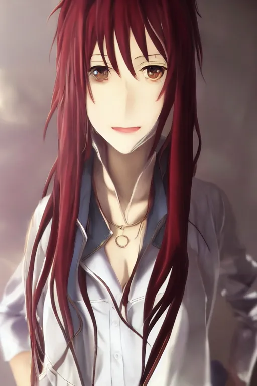 Prompt: highly detailed portrait of makise kurisu from steins gate laying, sensual, labcoat, fantasy art, by hews hack, photorealistic, detailed and intricate environment, trending on booru, trending on pixiv