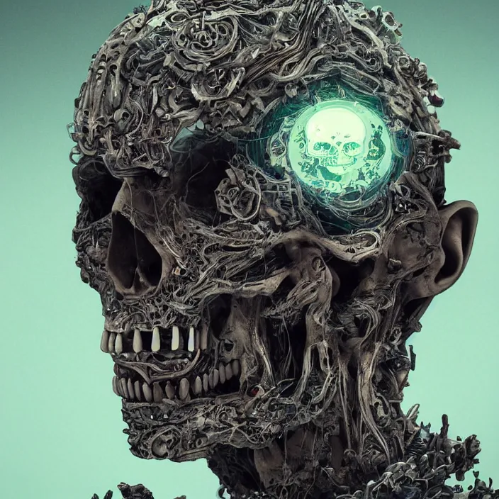 Image similar to portrait of an android skull. razor sharp teeth. infected with zombie virus. intricate abstract. intricate artwork. nightmare fuel. by Tooth Wu, wlop, beeple, dan mumford. octane render, trending on artstation, greg rutkowski very coherent symmetrical artwork. cinematic, hyper realism, high detail, octane render, 8k, iridescent accents