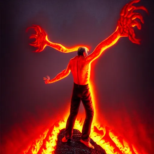 Prompt: ( a screaming man walks on lava towards the gates of hell ) by jason edmiston, photorealistic, dynamic lighting, very detailed faces, trending on artstation, wallpaper, dream, 4 k, award winning, vivid colors, beautiful fire