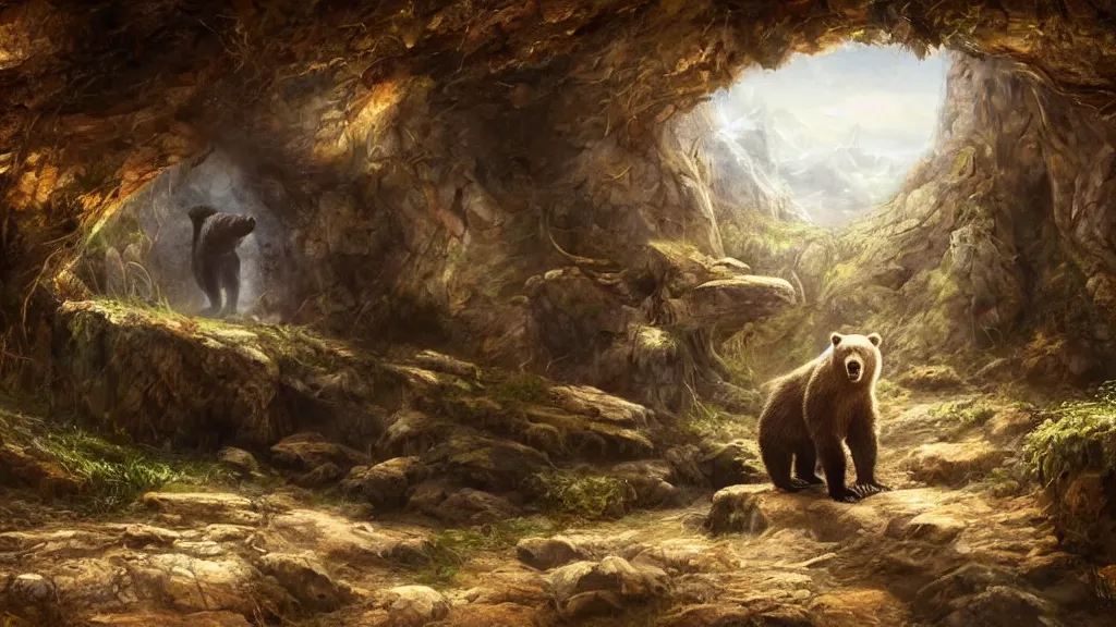 Image similar to a bear looking around his new cave thinking where to put all of his new stuff, highly detailed oil painting, epic fantasy art, abstraction, masterpeice, 8k