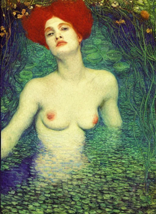 Image similar to lady laying under the sea on the seabed amongst the weeds, underwater shot, submerged, medium shot, on the bed of the river preraphaelite colour photography by rosetti and monet, 8 k